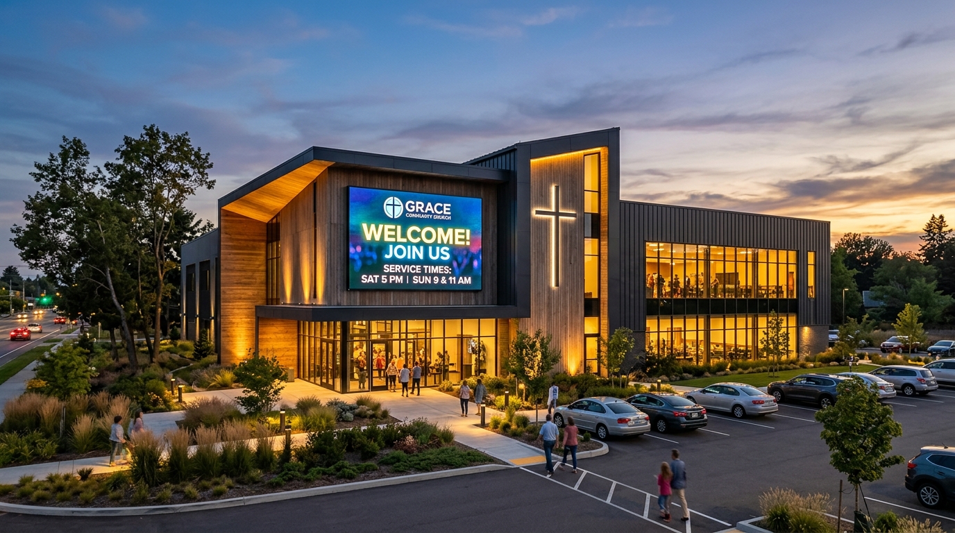 PENN LED outdoor LED sign on a modern house of worship building at dusk