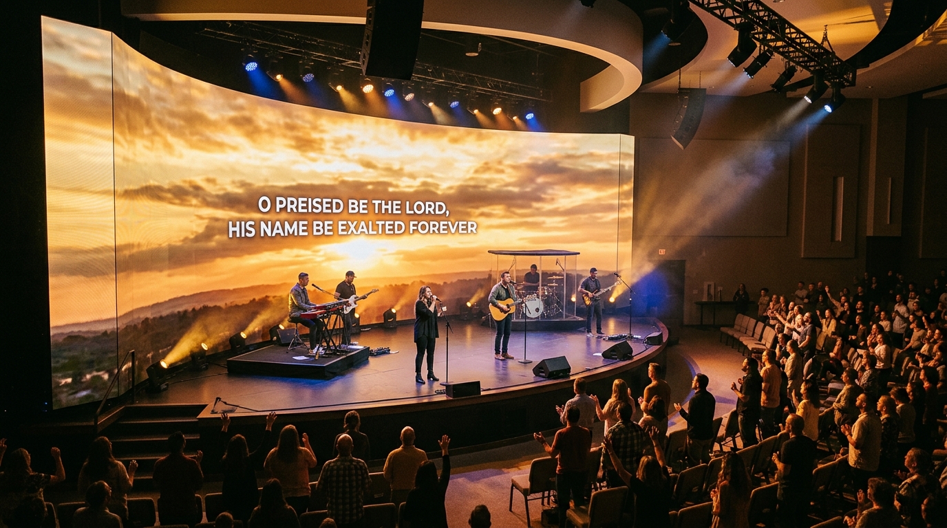 PENN LED rental LED video wall creating an immersive worship experience with curved display and stage lighting